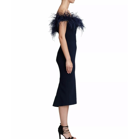 MARCHESA Navy Ostrich Feather Off Shoulder Dress 8 - Picture 10 of 12